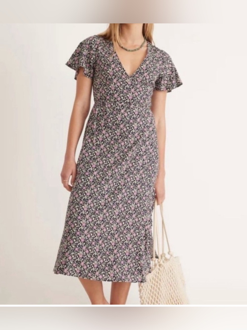 Marine Layer Black Floral Wrap Midi Dress with Pink Accents